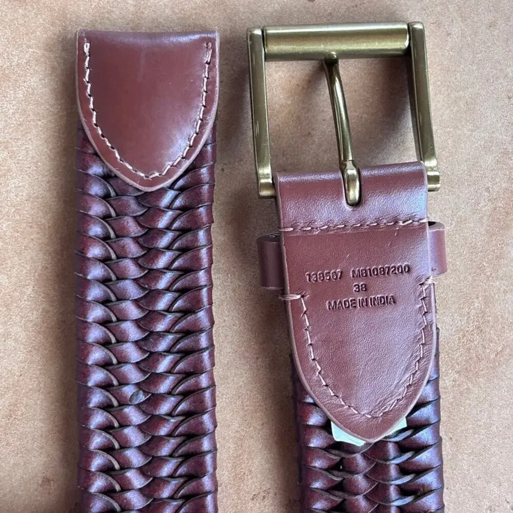 Fossil Maddox Genuine Leather Woven Belt Brown Solid Brass Buckle Western 38
